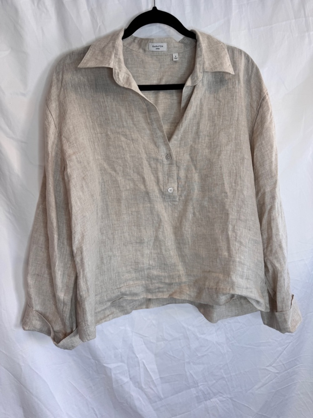 Babaton Linen Button-Front Long-Sleeve Top in Light Beige